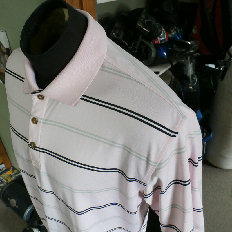 Kirkland Signature polo shirt polyester pink striped size L #21872
Rating: (see below) 3- Good Condition
Team: n/a
Player: n/a
Brand: Kirkland Signature
Size: Men's Large (Chest: 22\" x Length: 28\";) measured flat - armpit to armpit and shoulder to hem
Color: pink
Style:  short sleeve; polo
Material: 94% polyester 6% spandex
Condition: 3- Good Condition;  wrinkled; some pilling and fuzz; material is worn from wearing and washing; material feels soft  (see photos)
Item #: 21872
Shipping: FREE