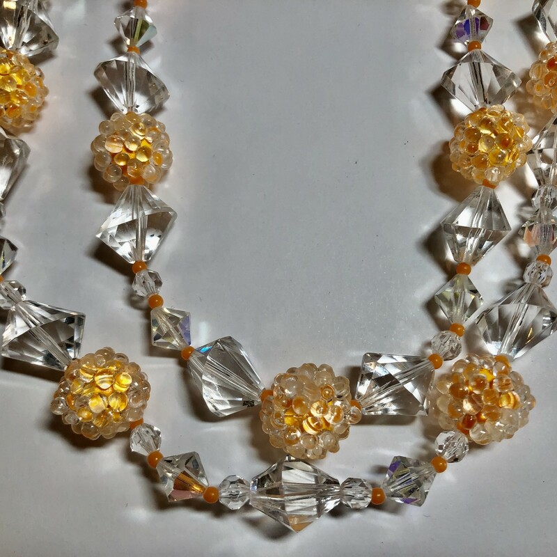 Lucite & Bead Necklace with clear lucite & orange beads. Two-Strand c.1940s.