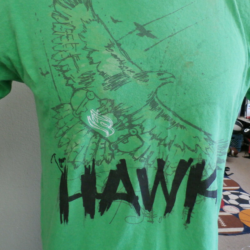 Tony Hawk skateboarding T-shirt shrunken green material tag missing  #22132
Rating: (see below) 4- Fair Condition
Team: n/a
Player: n/a
Brand: Tony Hawk
Size: Men's XL shrunken (Chest: 20\" x Length: 23\";) measured flat - armpit to armpit and shoulder to hem
Color: green
Style:  short sleeve; screen printed
Material: tag illegible
Condition: 4- Fair Condition;  wrinkled; some pilling and fuzz; material is worn from wearing and washing; some fading and discoloration; brown dirt stain near hawk's head; small 1-inch black mark beneath front screen printing; SIZE IS MARKED AS XL BUT THE SHIRT APPEARS TO HAVE SHRUNK IN THE WASH! PLEASE SEE PHOTOS AND MEASUREMENTS
Item #: 22132
Shipping: FREE