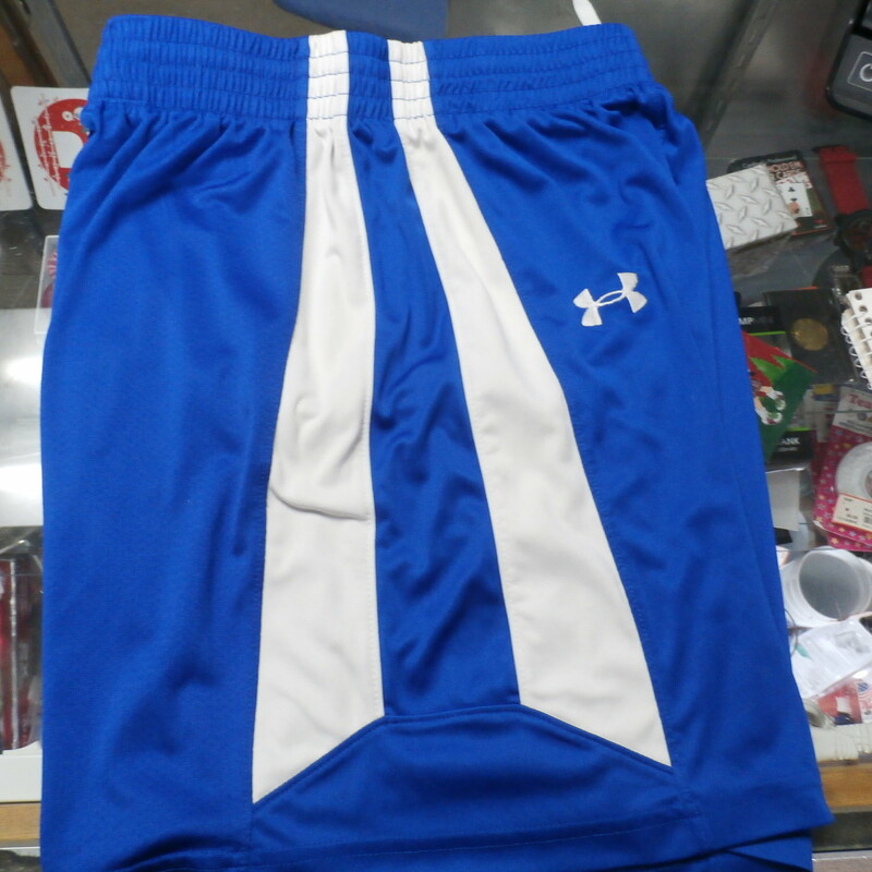 Under Armour athletic shorts blue size small 100% polyester #22145
Rating: (see below) 2- Great Condition
Team: n/a
Player: n/a
Brand: Under Armour
Size: Men's- Small-  (Measured Flat: Waist 13.5\"; Length 18.5\"; Inseam 8\")
Measured flat: hip to hip; hip to hem; and groin to hem
Color: blue with white accents
Style: athletic shorts; elastic waistband with drawstring
Material: 100% polyester
Condition: 2- Great Condition;  wrinkled; some pilling and fuzz; material is worn from wearing and washing; some discoloration and fading; material feels fresh and new (see photos)
Item #: 22145
Shipping: FREE