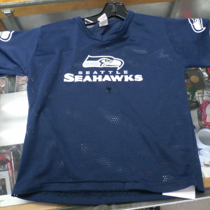 Seattle Seahawks YOUTH Franklin jersey blue size Small 100% polyester #22273
Rating: (see below) 4- Fair Condition
Team: Seattle Seahawks
Player: Team
Brand: Franklin
Size : YOUTH Small- (Measures Chest 16\" ; Length 17.5\") armpit to armpit; shoulder to hem
Color: blue
Style: short sleeve; screen printed
Material: 100% polyester
Condition: 4- Fair Condition; wrinkled; some pilling and fuzz; material is slightly stretched and worn from wearing and washing; half inch hole in front just beneath the screen printing, with a series of small snags just beneath the hole (see photos)
Item #: 22273
Shipping: FREE