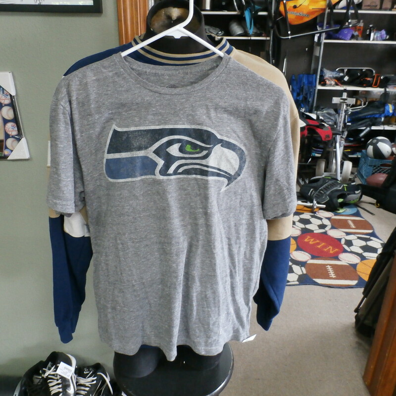 Title: Seattle Seahawks T shirt gray size Large #22284<br />
Our Clothes Rating: 4- Fair Condition<br />
Brand: Retro Sport<br />
size: Men's Large (Chest: 20\" Length: 26\")<br />
color: Gray<br />
Style: basic screen pressed t shirt<br />
Condition: 4- Fair- worn and faded; noticeable pilling and fuzz; front stitched on logo is missing; the front logo is cracked, faded and wearing off; material is faded, discolored and partially see through from washing, use and age;<br />
Shipping: FREE<br />
Item #: 22284