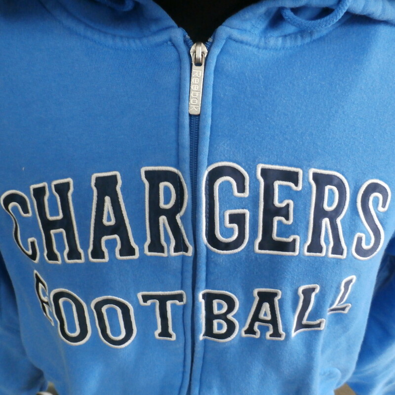 San Diego Chargers Hoodie Blue size Small #22283<br />
Our Clothes Rating: 3- Good Condition<br />
Brand: Reebok<br />
size: Men's Small (Chest: 22\" Length: 25\")<br />
color: Powder Blue<br />
Style: zip up hoodie; embroidered logos<br />
Condition: 3- Good- slightly worn and faded; light pilling and fuzz; noticeable light pilling across the lower front; sleeve ends are worn from use; material is slightly stretched out at the bottom;<br />
Shipping: FREE<br />
Item #: 22283
