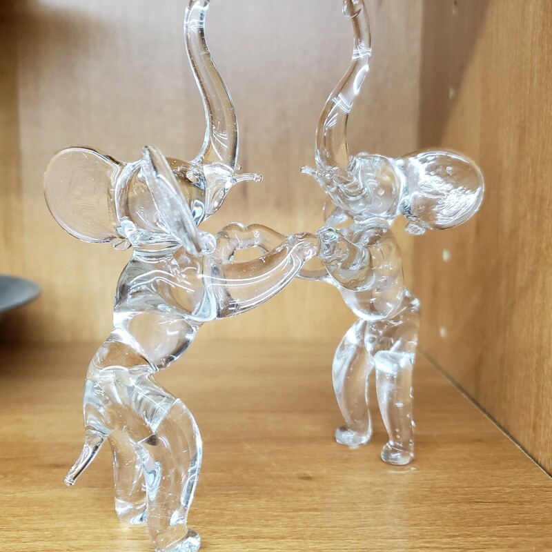 Adorable Blown Glass Dancing Elephants, Clear, Size: 5in
