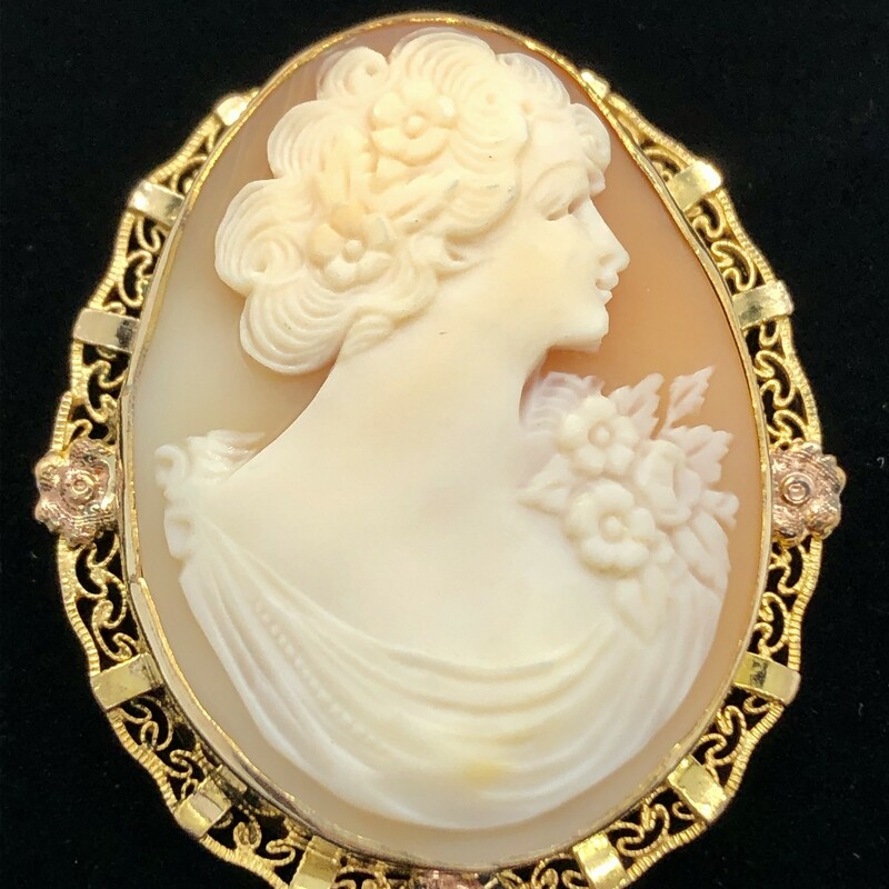 Cameo Brooch/Necklace, marked 1.200 12K (which is antique European GP).  Size: 1 3/4in. It can be worn as a brooch or a ring lifts up to put a chain through.

Will ship USPS Priority mail.