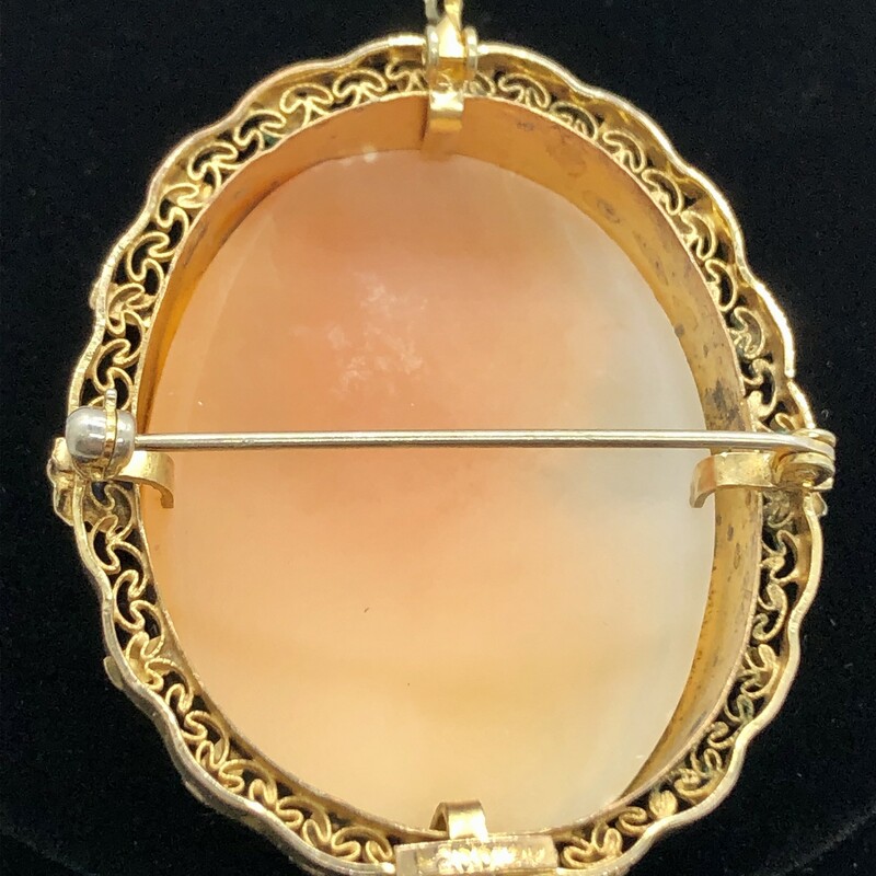 Cameo Brooch/Necklace, marked 1.200 12K (which is antique European GP).  Size: 1 3/4in. It can be worn as a brooch or a ring lifts up to put a chain through.<br />
<br />
Will ship USPS Priority mail.