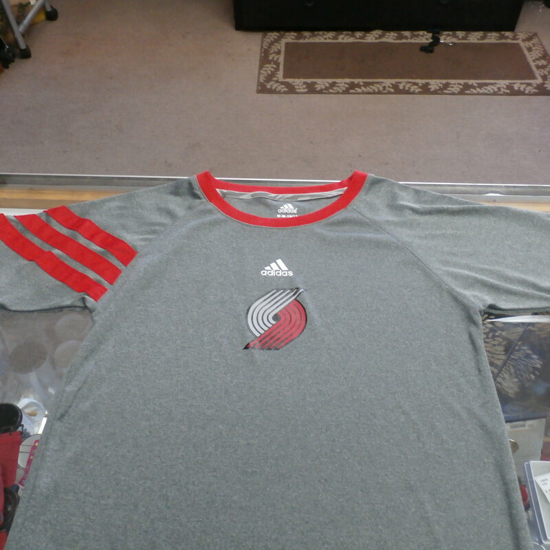 Title: Portland Trailblazers YOUTH Shirt Gray #22806
Our Clothes Rating: 2- Great Condition
Brand: adidas
size: Youth Medium(10-12) - (Chest: 16\" Length: 24\")
color: Gray
Style: Screen pressed; ClimaCool
Condition: 2- Great- clean and crisp; soft to the touch
Shipping: FREE
Item #: 22806