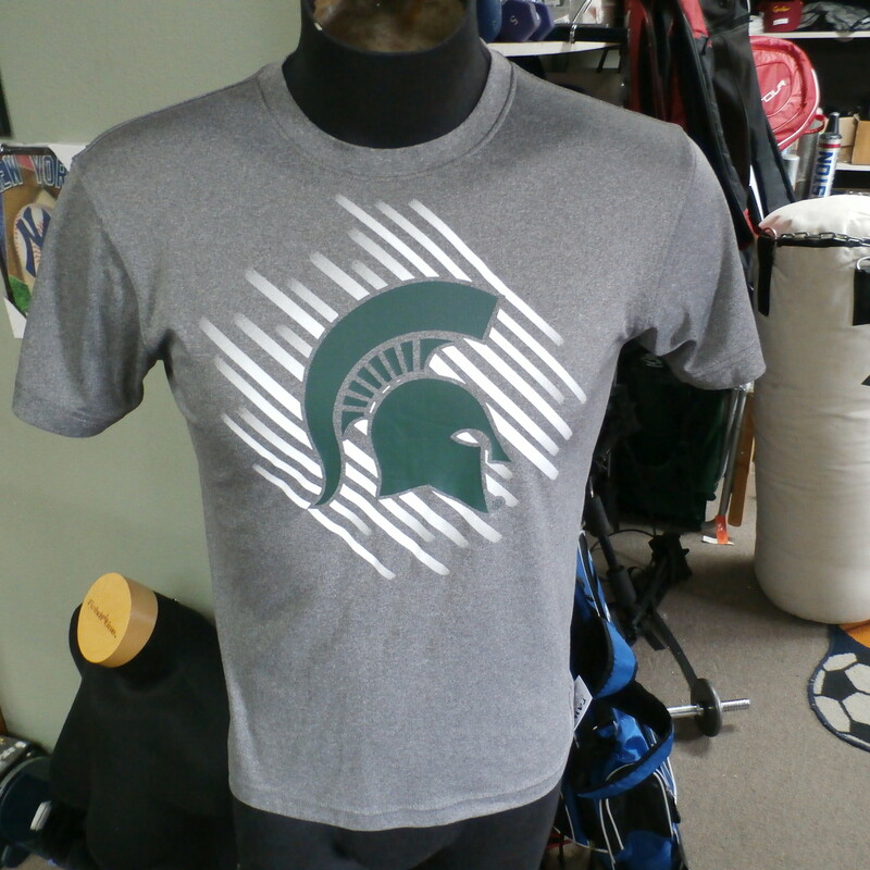 Michigan State Spartans YOUTH shirt gray Colosseum size YL (16-18) #22842
Rating: (see below) 3- Good Condition
Team: Michigan State Spartans
Player: Team
Brand: Colosseum
Size: Boy's YOUTH Large (16-18)- (Measured Flat: chest 19\", length 24\")
Color: gray
Style: short sleeve; screen printed
Material: 100% polyester
Condition: 3- Good Condition; wrinkled; some pilling and fuzz; material is stretched and worn from wearing and washing; some discoloration and fading; no rips or tears; screen printing looks fresh and new; medium sized snag just beneath front screen printing; 1-inch stain on front just beneath screen printing (see photos)
Item #: 22842
Shipping: FREE