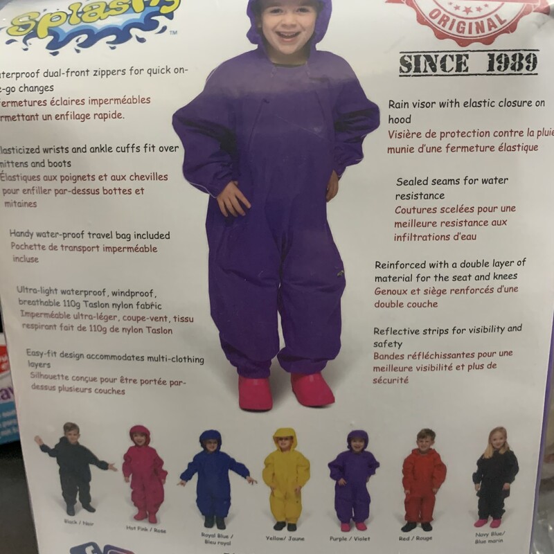 OnePiece Rainsuit S8 Pu, Purple, Size: Outerwear

Splashy™ Nylon Rainwear is made from a high quality, technically advanced, tight-knit Nylon fabric which makes it lightweight, comfortable, flexible, waterproof, wind-proof and breathable so kids can still have fun playing outside even on a rainy day.

Jumping into puddles, making mudpies, and enjoying the outdoors in any kind of weather has never been more comfortable. The bright colors and reflective strips helps to keep kids safe on a gray day or even at night. Don't let a little rain keep your kids from playing outside!

With strong attention to detail and children’s needs in mind, Splashy™ is the perfect solution for rainy days or messy events of all kinds. Rain, wind, snow and mud have met their match with Splashy™ Rainwear!

Washing instructions:

Machine- or hand-wash in warm water. Hang to dry - do not tumble dry. Iron if desired with LOW setting only. Do not use hot Iron. Do not use bleach. Do not dry clean.