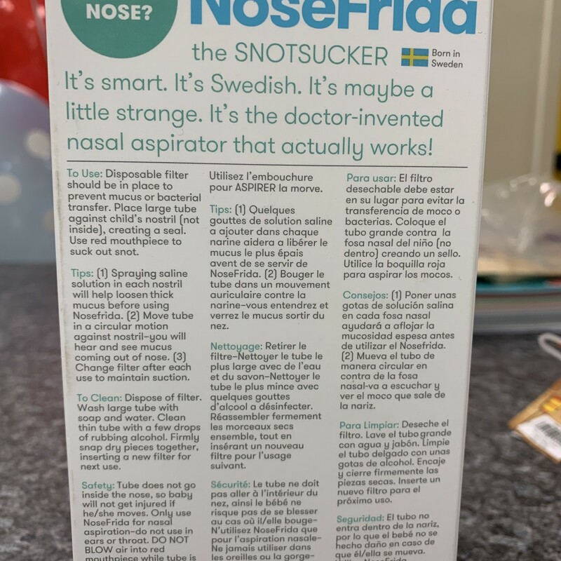 Snotsucker, 4 Filter, Size: Baby<br />
<br />
Doctor invented and recommended. Made in Sweden, NoseFrida is your go-to natural, hygienic baby booger buster. It’s totally safe (for parents AND baby), so you can say “sayonara” to snotty noses. NoseFrida is non-invasive and gives the user complete control over how much suction is used. Hygienic filters prevent germs going from baby to parent, helping keep everyone healthy during cold season.<br />
<br />
What's Inside? 1 SnotSucker and 4 Filters replaces NF010<br />
<br />
• Made in Sweden<br />
• BPA, Phthalates, and Lead-free<br />
• Aspirator made of 100% latex-free polypropylene<br />
• Dishwasher-safe (top rack only)<br />
• Includes one aspirator and four filters<br />
• Extra filters sold separately