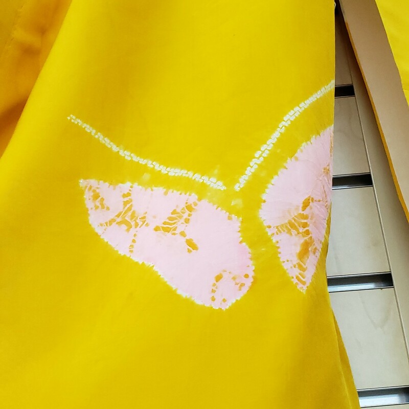 Gorgeous Vintage Silk Kimono, Yellow with pink and ivory butterflies. Listed  As Is, has some water marks.