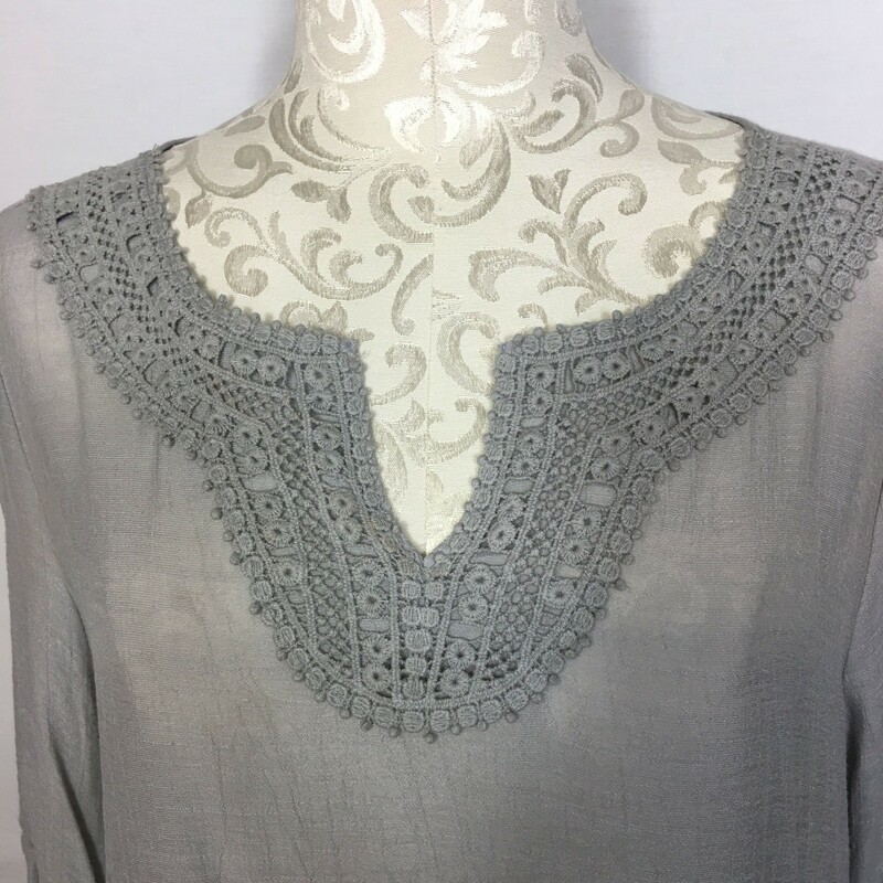 114-054 Spense, Gray, Size: Large Gray Flowy Women's shirt, detail Embroidered Neckline Rayon/polyesther