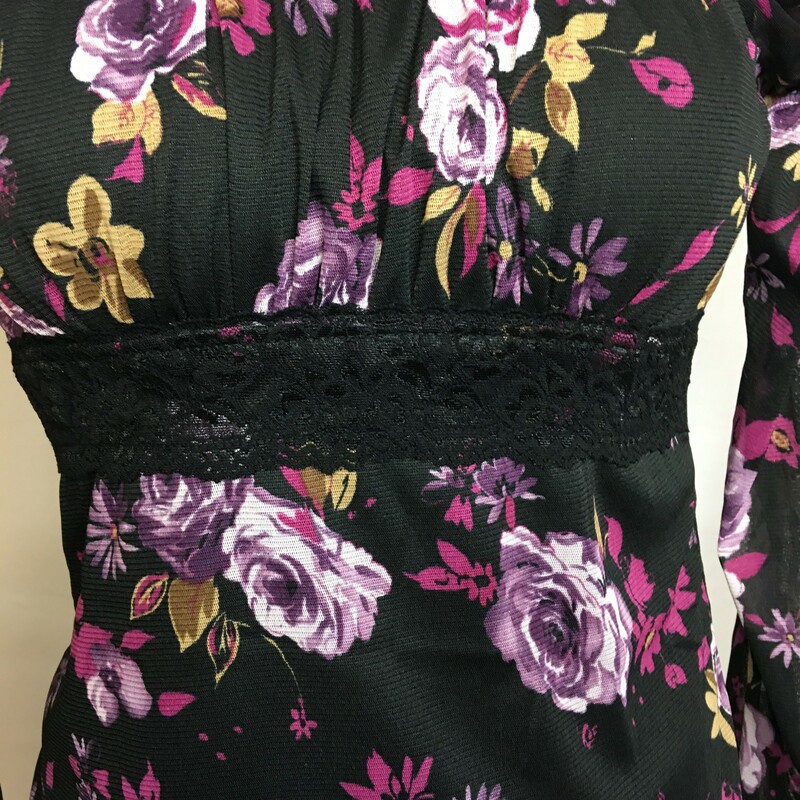 121-044 Selfesteem, Black Pu, Size: Medium black long sleeve blousew/lace and purple flower detail 100% polyesther
