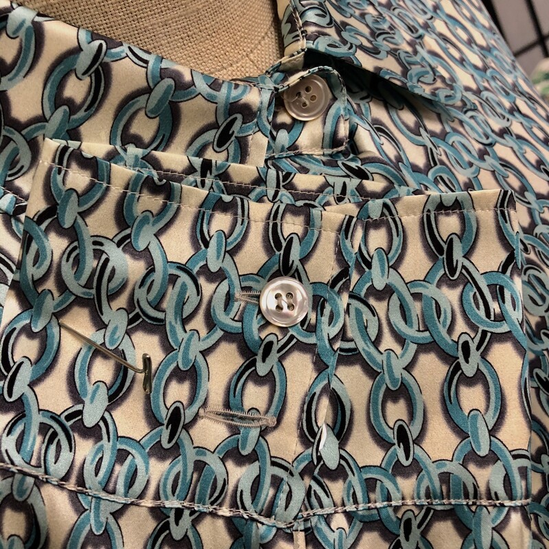 LUCA LUCA /ITALY Blouse, Blue Print, Size 44.  This is 100% silk, blue, cream and black pattern.  Long sleeves, 7 button front closure with double buttoned cuffs.  Full cut and so beyond smart!!