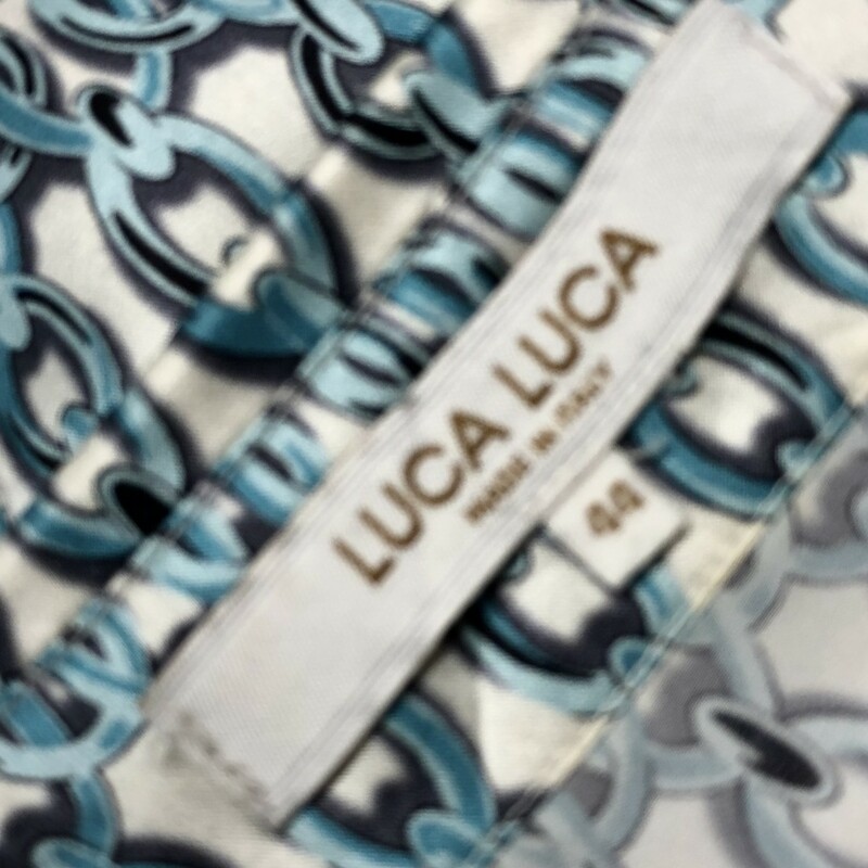 LUCA LUCA /ITALY Blouse, Blue Print, Size 44.  This is 100% silk, blue, cream and black pattern.  Long sleeves, 7 button front closure with double buttoned cuffs.  Full cut and so beyond smart!!