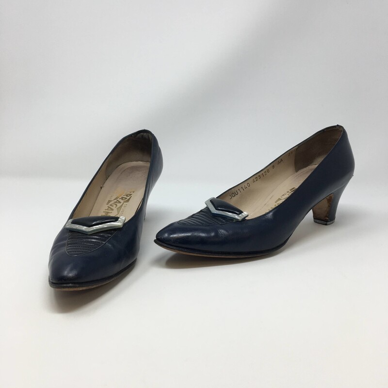 110-176 Ferragamo, Navy  Size: 8A<br />
Women's pump slip on heels - blue leather heels with a stone in the front n/a  good condition