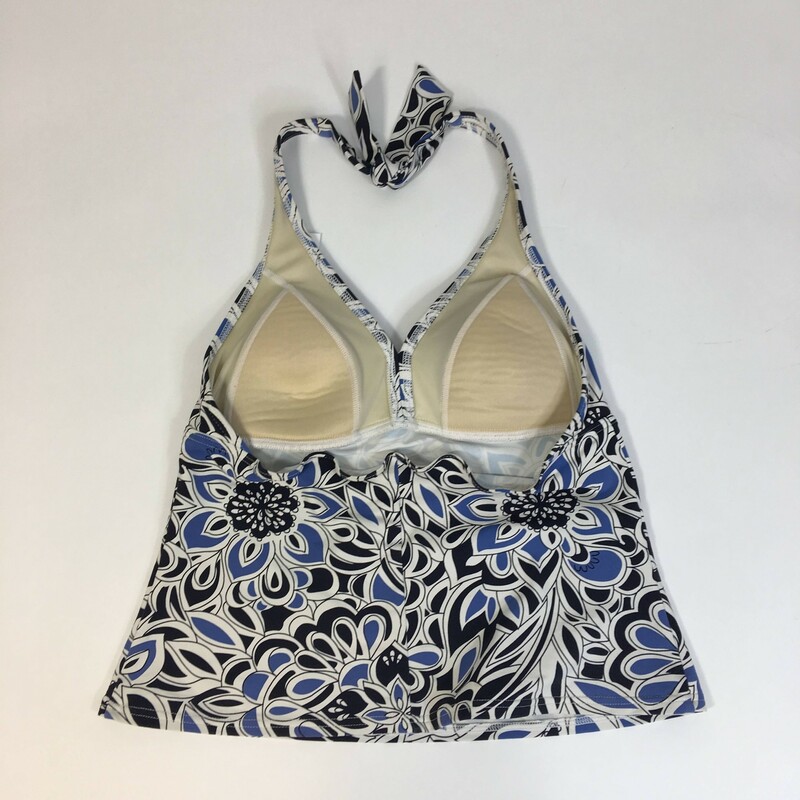 102-267 Landsend, Size: 4pBlue and white, tie on neck halter swin tankini, fixed soft cups, elastic on back has wear, hand wash cold, no bleach, line dry<br />
80% Nylon 20 Spandex Made in China