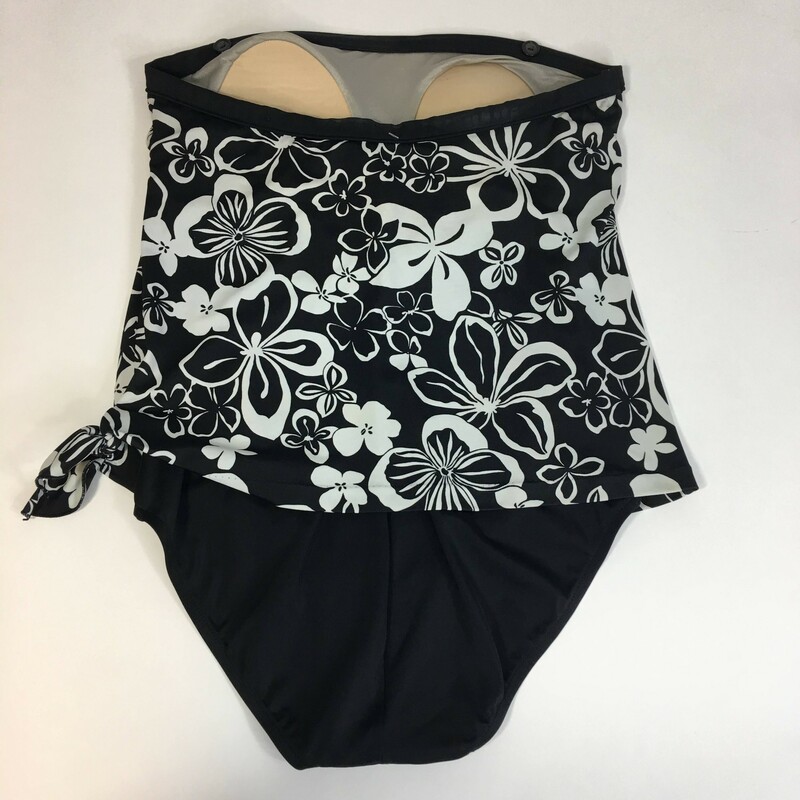 102-336 Maxine of Hollywood Azul, Size M Black & white one piece strapless bathing suit, missing straps secured with buttons. Sold As Is Built in cups, front of suit is lined. Over drape fabric on front. 7.35 oz