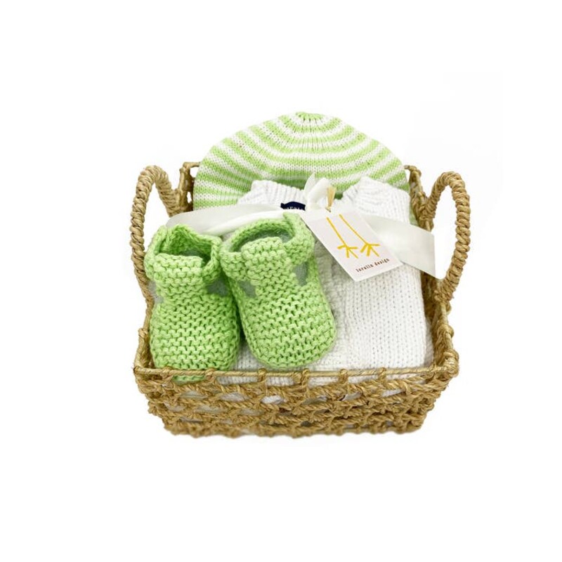 Loralin Designs - Baby Basket<br />
<br />
A sweet white cardigan sweater, a pair of green booties and a green and white stripped hat!!  This is the perfect baby gift.<br />
<br />
Newborn-6 months