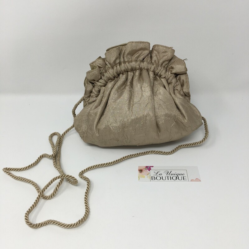 116-038a Letty, Beige, Poly Silk with rosette and pearl strings applique , clamshell hand purse or shoulder strap