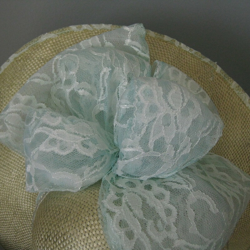 Frame your face at your next racing meet in this gorgeous high quality sunhat.<br />
by Mysha<br />
<br />
NWT but probably from the 80s or 90s<br />
USA<br />
All natural straw, synthetic lace, rhinestones<br />
The straw is uncolored, the lace is the palest green, almost white<br />
Cicumference: 21 1/2in<br />
Thanks for looking!