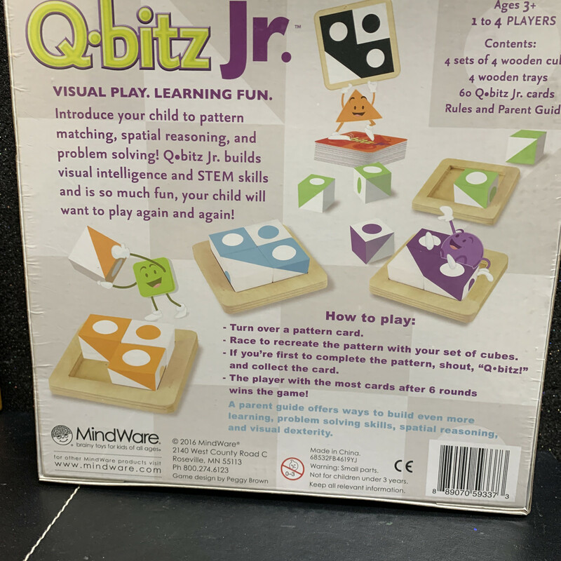 Jr, Game, Size: N/A<br />
<br />
Q-bitz Jr. is a fun way to introduce your child to pattern matching, spatial reasoning, problem solving, visualization and more. The engaging play is easy to learn and mastering it will give your child the visual intelligence needed for future math and STEM success. A complete parent guide offers more ways to play with Q-bitz cubes to foster additional learning and visual dexterity. Plus, it's so much fun, your child will want to play again and again! Game play is simple: each player receives a set of four same-colored cubes and a sturdy wooden tray. When someone turns over a pattern card, it's off to the races as players simultaneously try to recreate the pattern with their set of cubes. The first player to match the card shouts Q-bitz! and wins the card. A round of rolling the cubes adds more luck and excitement. The player with the most cards after six rounds wins the game! Includes 60 pattern cards and 4 wooden cube-and-tray sets. For 1 to 4 players.Age Recommendation: Ages 3 to 8