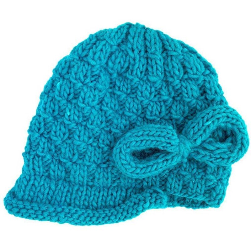 Boho Teal Beanie Hat, Size: 2-6 Years

Little divas will love this cute and cozy hat with bow accent.  It has a fashionable little visor and is knit is soft  teal hued yarn.
100%  acrylic.
Cold handwash.