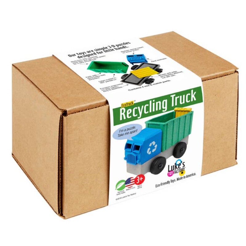 It's never too early to teach your child about recycling! The educational recycling truck has four parts and includes colorful flash cards with easy to grasp ideas about recycling. A teacher or parent can discuss how the truck is made while passing around parts of the truck. When the lesson is over, the students can assemble the parts into a working truck, which reinforces the positive message about recycle, re-use and renew.

- Sustainable packaging made of recycled cardboard, doubles as a storage container.
Made in United States of America