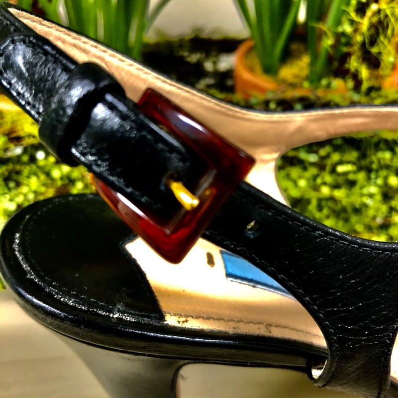 PRADA SLINGBACK MULTI  STRAPPED  LEATHER STILETO HEELS - SIZE 38.  The stiletto heels measure 4.5\" high with platform.  Again multi strapped styling with a tortoiseshell closure at ankles.  Prada characteristically runs 1/2 smaller.  Condition is very good - minor scraping on soles. Lovely accessory for that \"little black dress\"!