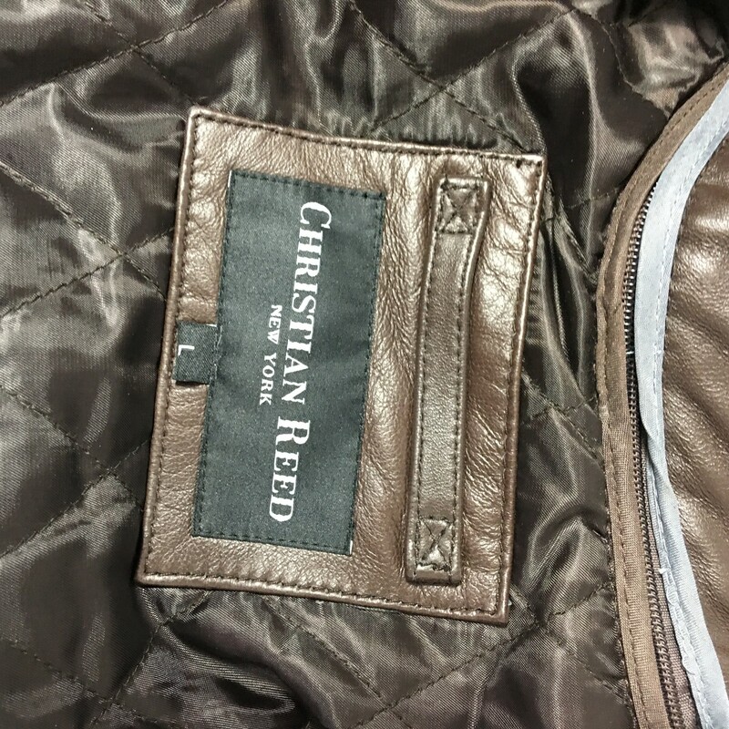 Christian Reed Leather Jacket, Brown, Size: L New with tags,All American Bomber style genuine leather front zip, added panel leather collar, snap closures at cuffs. Removeable extra warmth second interior lining, Very  Small Scracth on leather top left shoulder from handling, Brand new with tags never been worn.