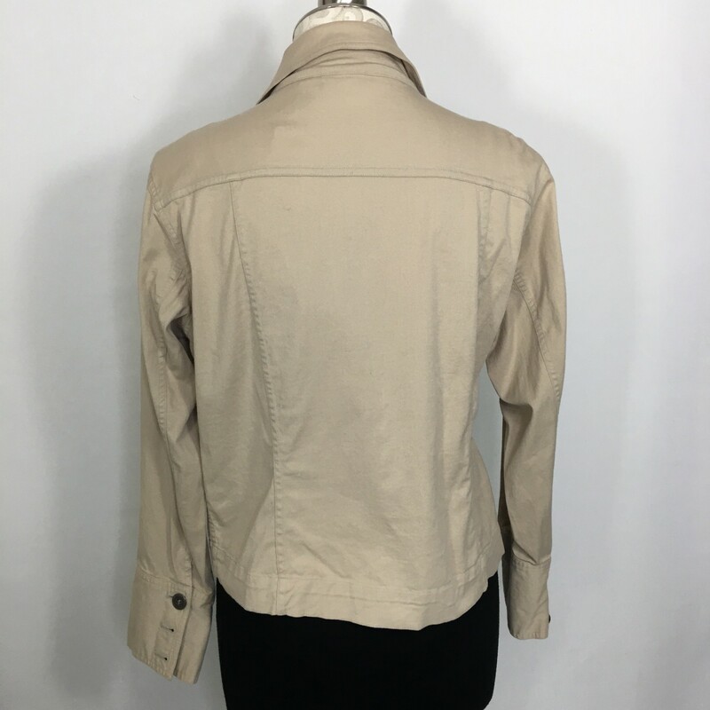 120-578 Chicos, Tan, Size: 2 tan light button up jacket with silver buttons 97% cotton 3% spandex  good
