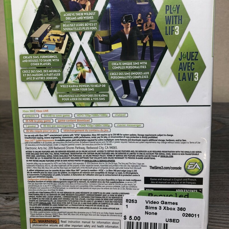 Sims 3 Xbox 360, None, Size: USED