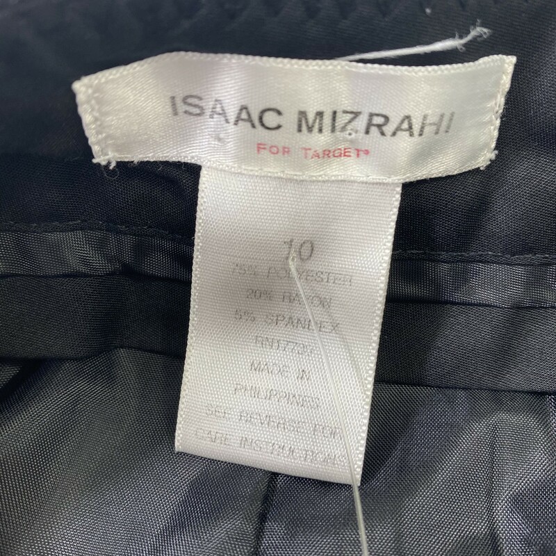 120-501 Isaac Mizrahi, Black, Size: 10 black pencil skirt with light grey thin stripes 75% polyester 20% rayon 5% spandex  good