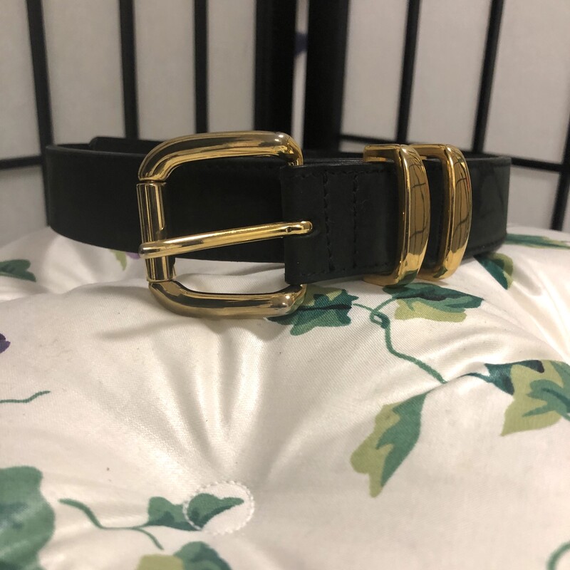 ESCADA SPORT BLACK SUEDE BELT WITH GOLD TONE FRONT BUCKLE.  Made in Germany, size 40, 5 peg in  holes.  Gold buckle closure measures 2\" X  1 1/2\", width of belt = 1\", and has 2 side gold tone pieces in front which secures the belt.  Condition = good- slight creasing in front  and scuffs.  A TRUE CLASSIC!!