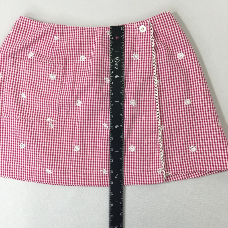 Loue Forty Plaid Skirt, Pink, Size: Medium Plaid overlay skirt with embroidered flowers and pocket 100% cotton