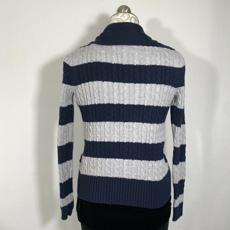 125-016 Tommy Hilfiger, Blue And, Size: XS navy blue and grey striped button up sweater cardigan 55% cotton 23% viscose 22% nylon  good