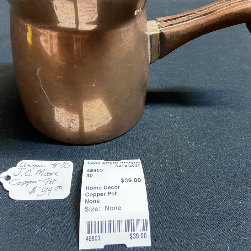 Unique J.C. Moore copper pot; approximately 8 x 4 x 5 inches.