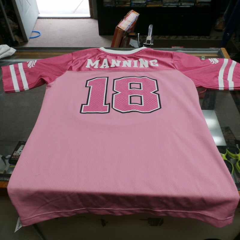 Title: Denver Broncos Manning jersey youth XL pink #24981
Our Clothes Rating: 2 - Great Condition
Brand: NFL
size: Youth XL (14-16)- (Across chest: 18\" Length: 26\")
color: pink
Style: jersey
Condition: 2- Great Condition - some pilling and fuzz; some fading and discoloration; wrinkles; some stretching and wear from washing and wearing; no stains; no rips or tears; screen printing has some cracks
Shipping: FREE
Item #: 24981