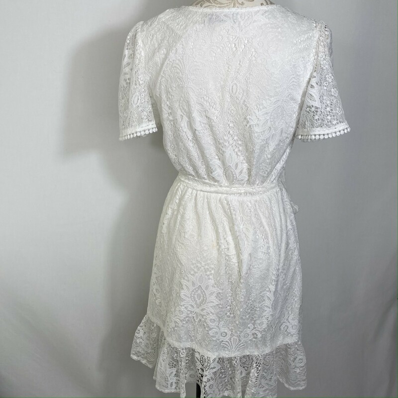 Flying Tomato Lace Dress, White, Size: Small wrap ruffle dress. 70% nylon 30% polyester