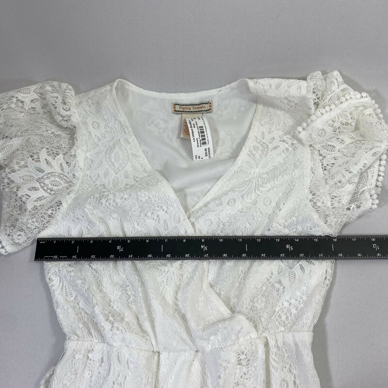 Flying Tomato Lace Dress, White, Size: Small wrap ruffle dress. 70% nylon 30% polyester