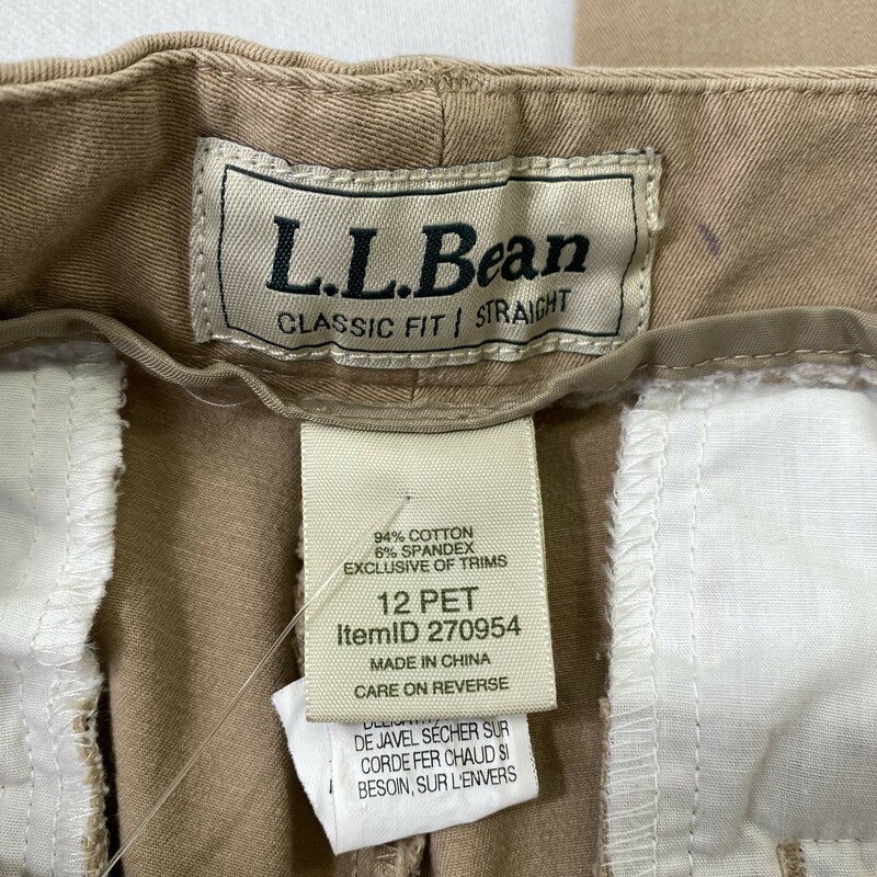 100-835 L.l. Bean, Beige, Size: 12 straight leg classic fit khakis 94% cotton 6% spandex  good