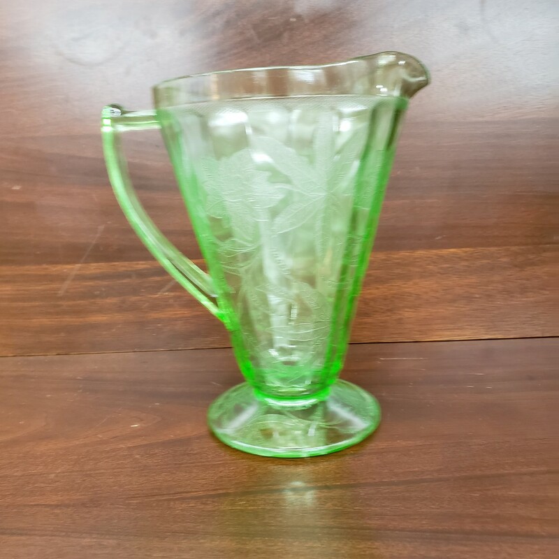 Pedestal Pitcher, Vaseline Glass, Size: 7.5in