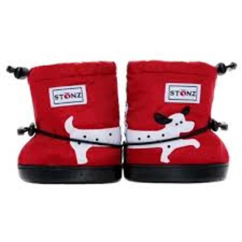 Stonz Booties - Dalmation, Red, Size: Large
NEW! For Fall, Winter, and Spring!
100% Waterproof  5,000 mm
Fleece Insulated
Recycled Rubber Bottom
1-2.5 Years
For Extra Warmth -Layer with a Fleece Bootie Linerz