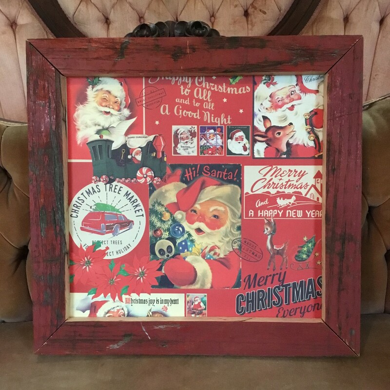 Handmade Vintage Santa  Print. Perfect rustic decor addition to your home. Measures approx frame 19'' x 18''  x 1'' print 15'' x 14 1/2''
1 - red frame
2 - green frame