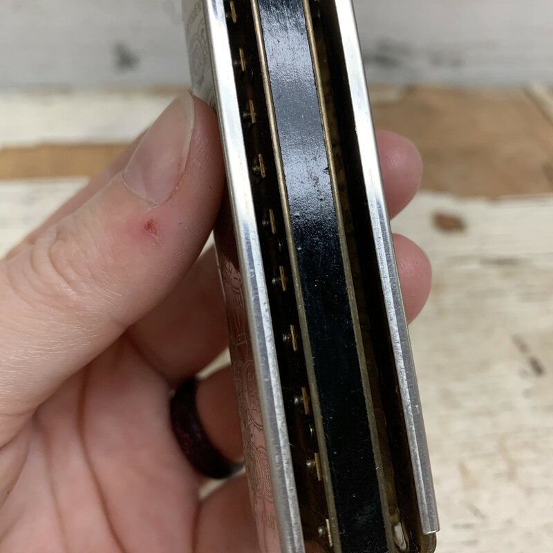 Comes with original box, box is in fair condition, have lots of tiers. Please make sure to look at all the pictures for a closer visual. Measures approx 4 1/4''  x 1 1/4'' x 1''<br />
<br />
Harmonica have some visual, rust, scratches, some dirt inside in it. I have never played harmonicas, but it does make a sound. Measures approx 4'' x 1'' x 3/4''  x<br />
<br />
Please note that this item is vintage and you will experience vintage wear.<br />
<br />
Thank you.