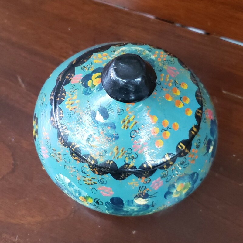 Hand Painted Lidded Box, Blue, Size: 4in