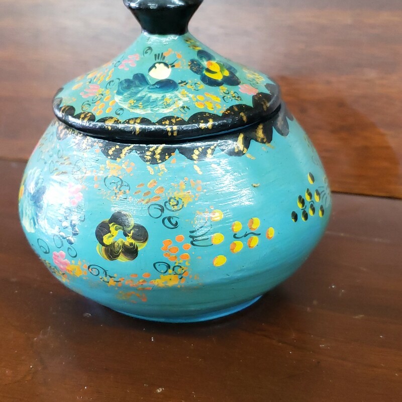 Hand Painted Lidded Box, Blue, Size: 4in