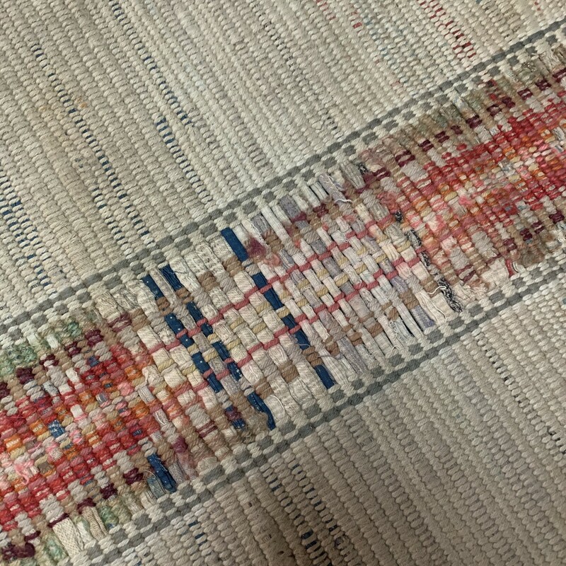 This textile was loomed and used as floor covering. Beautiful vintage piece. Gorgeous farmhouse striped pattern or beach house. Medium to heavy weight and durable, with a slightly stiff, but also floppy feel so it will lie beautifully in the hallway or on stairs! It has some stains and some pulled threads, but overall rug is in a good vintage condition.<br />
Measures approx 195'' x 35''<br />
Please note that this item is vintage and you will experience vintage wear. Also, please make sure to look at all the pictures for a closer visual.<br />
Thank you!