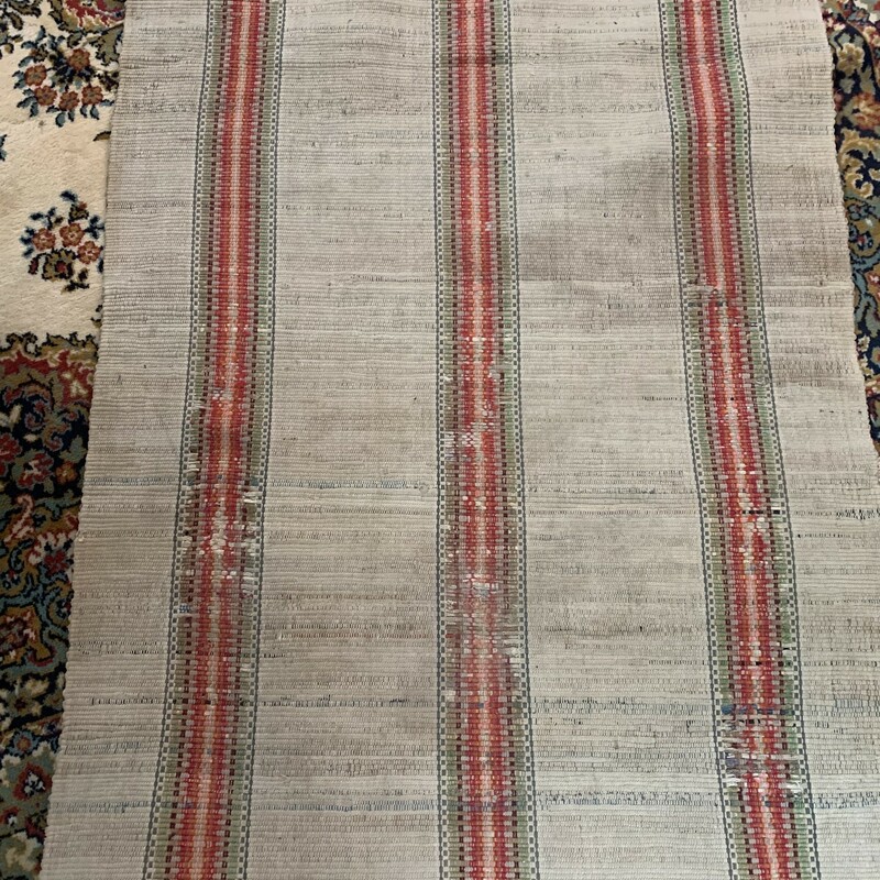 This textile was loomed and used as floor covering. Beautiful vintage piece. Gorgeous farmhouse striped pattern or beach house. Medium to heavy weight and durable, with a slightly stiff, but also floppy feel so it will lie beautifully in the hallway or on stairs! It has some stains and some pulled threads, but overall rug is in a good vintage condition.<br />
Measures approx 195'' x 35''<br />
Please note that this item is vintage and you will experience vintage wear. Also, please make sure to look at all the pictures for a closer visual.<br />
Thank you!