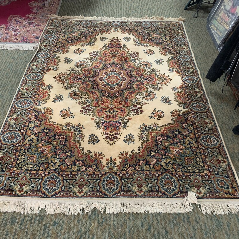 Have a visible wear, needs some cleaning. Overall in a good vintage condition, there is some pulled threads on the edges. Please make sure to look at all the pictures for a closer visual.<br />
Measures approx. 93'' x 67''<br />
Fringe measures 3'' long<br />
Rug is very beautiful, well made, vibrant colors.<br />
Thank you.